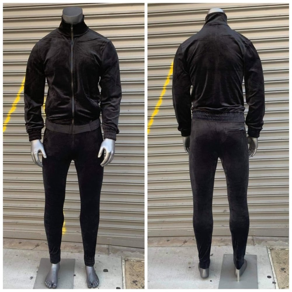 Men's Black Fitted Fashion Velour Full Zip Tracksuit